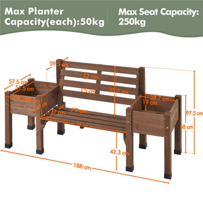 Yaheetech Brown Wood Garden Bench with Double Planter Boxes and Backrest - 3
