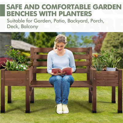 Yaheetech Brown Wood Garden Bench with Double Planter Boxes and Backrest - 4