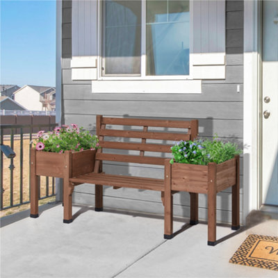 Yaheetech Brown Wood Garden Bench with Double Planter Boxes and Backrest - 6