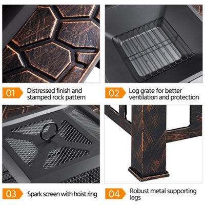 Yaheetech Copper Outdoor Square Fire Pit with Cover and Poker - 7