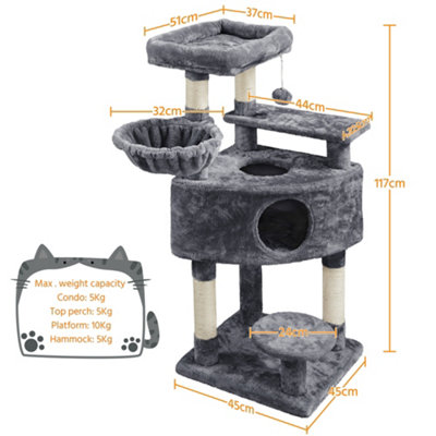 Yaheetech Dark Grey 117cm Cat Tree Cat Climbing Tower with Perch & Basket & Scratching Posts