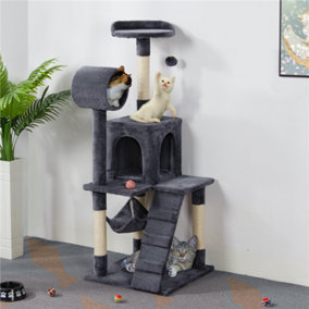 Yaheetech Dark Grey 129.5cm Multilevel Cat Tree Tower with Scratching Post and Hammock Tunnel