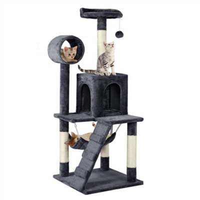 Yaheetech Dark Grey 129.5cm Multilevel Cat Tree Tower with Scratching Post and Hammock Tunnel