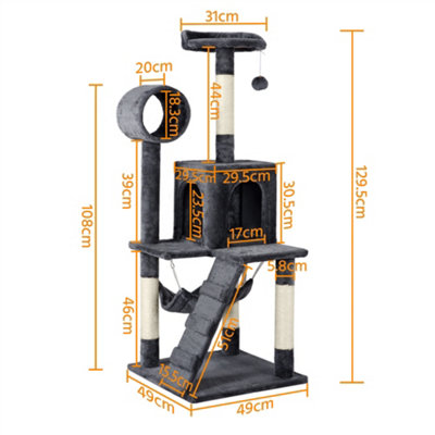 Yaheetech Dark Grey 129.5cm Multilevel Cat Tree Tower with Scratching Post and Hammock Tunnel