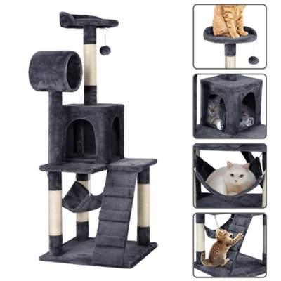 Yaheetech Dark Grey 129.5cm Multilevel Cat Tree Tower with Scratching Post and Hammock Tunnel