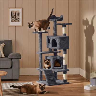 Yaheetech Dark Grey 137cm Multilevel Cat Tree Tower with Scratching Posts and 2 Condos