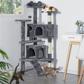 Yaheetech Dark Grey 137cm Multilevel Cat Tree Tower with Scratching Posts and 2 Condos