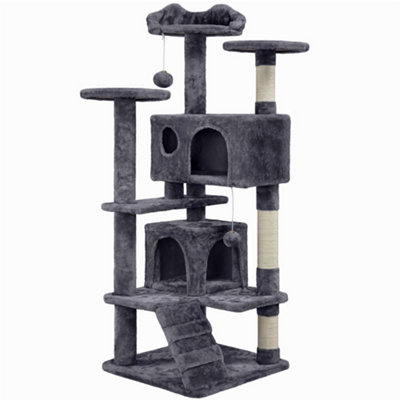 Yaheetech Dark Grey 137cm Multilevel Cat Tree Tower with Scratching Posts and 2 Condos