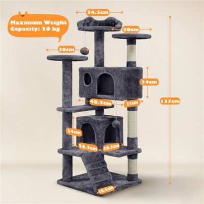 Yaheetech Dark Grey 137cm Multilevel Cat Tree Tower with Scratching Posts and 2 Condos