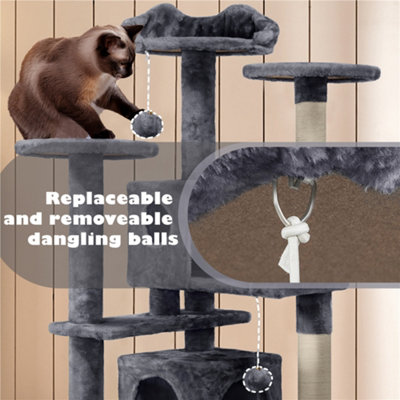 Yaheetech Dark Grey 137cm Multilevel Cat Tree Tower with Scratching Posts and 2 Condos