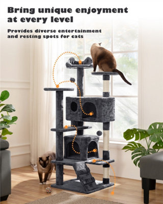 Yaheetech Dark Grey 137cm Multilevel Cat Tree Tower with Scratching Posts and 2 Condos