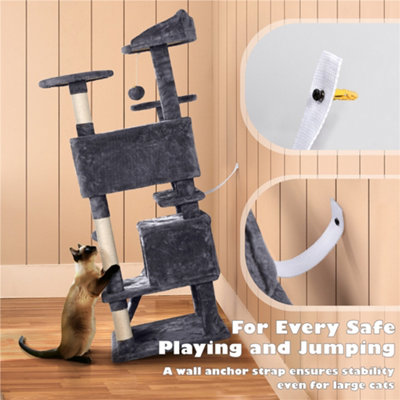 Yaheetech Dark Grey 137cm Multilevel Cat Tree Tower with Scratching Posts and 2 Condos