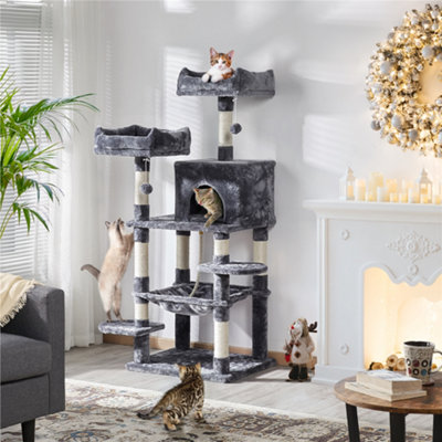 Yaheetech Dark Grey 150cm Multilevel Cat Tower Large Cat Tree with Condo & Plush Perch & Scratching Post