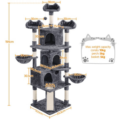 Yaheetech Dark Grey 194cm Large Cat Tree Tower with 3 Condos, 3 Perches, Dangling Ball