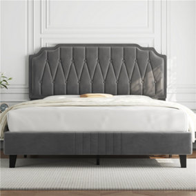 Yaheetech Dark Grey 4ft6 Double Upholstered Bed Frame with Button-Tufted Adjustable Headboard and Wooden Slat Support