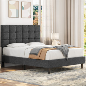 Yaheetech Dark Grey 4ft6 Double Upholstered Bed Frame with Square Tufted Adjustable Headboard and Wooden Slats Support