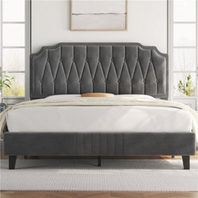 Yaheetech Dark Grey 5ft King Upholstered Bed Frame with Button-Tufted Adjustable Headboard and Wooden Slat Support