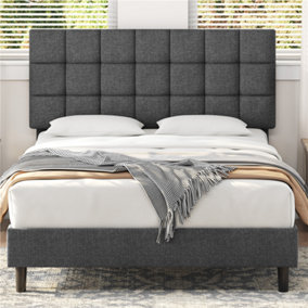 Yaheetech Dark Grey 5ft King Upholstered Bed Frame with Square Tufted Adjustable Headboard and Wooden Slats Support