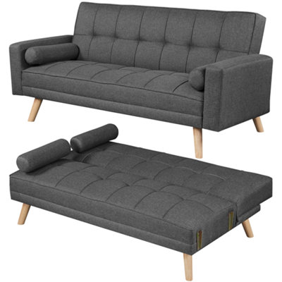 Yaheetech Dark Grey Fabric Upholstered 3 Seater Convertible Sofa Bed with Armrests and 2 Bolster Pillows