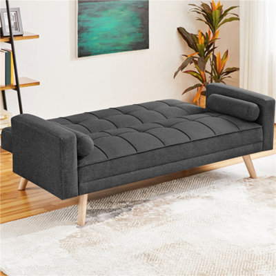 Yaheetech Dark Grey Fabric Upholstered 3 Seater Convertible Sofa Bed with Armrests and 2 Bolster Pillows