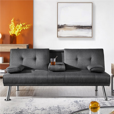 Yaheetech Dark Grey Fabric Upholstered Convertible Futon Sofa Bed for Small Space