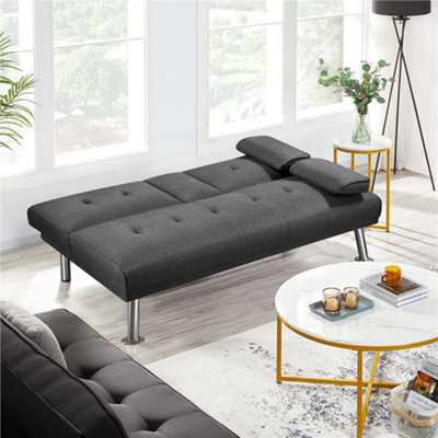 Yaheetech Dark Grey Fabric Upholstered Convertible Futon Sofa Bed for Small Space