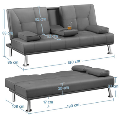 Yaheetech Dark Grey Faux Leather Convertible Sofa Bed with Drop-down Cup Holders and Pillows