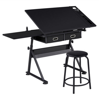 Yaheetech Drawing Table and Stool Set with Adjustable Angles Black