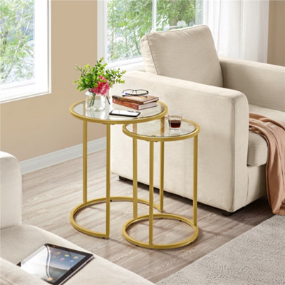 Yaheetech Gold Nesting Side Table Set with Glass Tabletop for Living Room