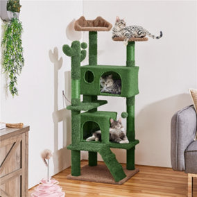 Yaheetech Green/Brown 138cm Cactus Cat Tower with Padded Perch, Platform, Condos, Ramp