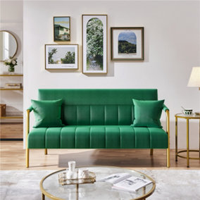 Yaheetech Green Upholstered Sofa Couch with Gold-tone Metal Legs and 2 Pillows