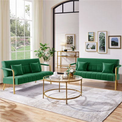 Yaheetech Green Upholstered Sofa Couch with Gold tone Metal Legs and 2 Pillows