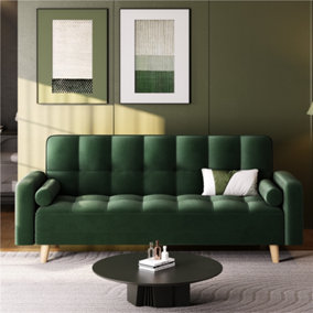Yaheetech Green Velvet 3 Seater Convertible Sofa Bed with Armrests and 2 Bolster Pillows