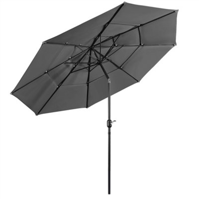 Yaheetech Grey 3.2m 3 Tier Tiltable Patio Parasol Vented Table Umbrella with Crank