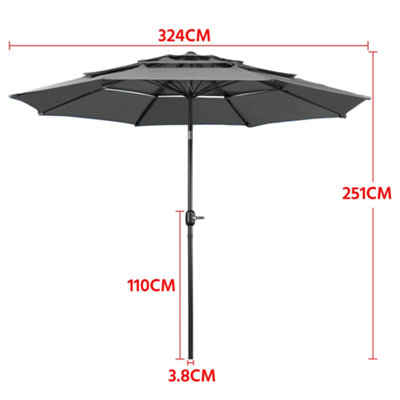 Yaheetech Grey 3.2m 3 Tier Tiltable Patio Parasol Vented Table Umbrella with Crank - 3