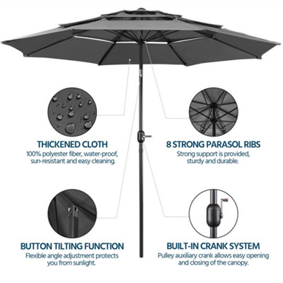 Yaheetech Grey 3.2m 3 Tier Tiltable Patio Parasol Vented Table Umbrella with Crank - 6