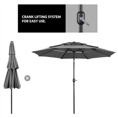 Yaheetech Grey 3.2m 3 Tier Tiltable Patio Parasol Vented Table Umbrella with Crank - 7
