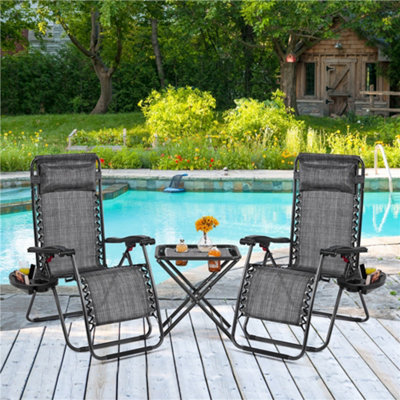Yaheetech Grey 3pcs Outdoor Zero Gravity Chairs and Table Set with Cupholder/Pillow/ Armrests