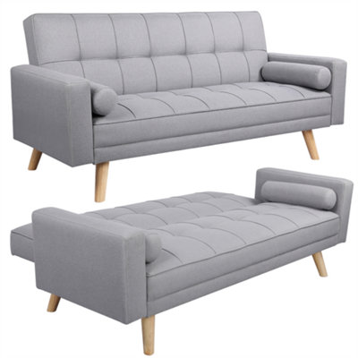 Yaheetech Grey Fabric Upholstered 3 Seater Convertible Sofa Bed with Armrests and 2 Bolster Pillows