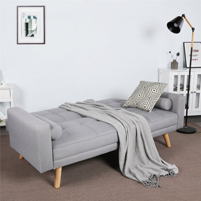 Yaheetech Grey Fabric Upholstered 3 Seater Convertible Sofa Bed with Armrests and 2 Bolster Pillows