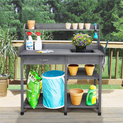 Yaheetech Grey Garden Potting Bench with Sink Drawer/Rack/Shelves - 3