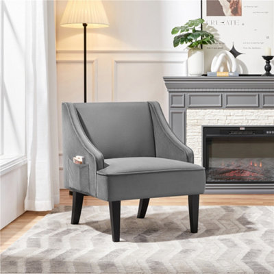 Yaheetech Grey Modern Upholstered Armchair Velvet Accent Chair with Rubberwood Legs for Living Room Bedroom Lounge