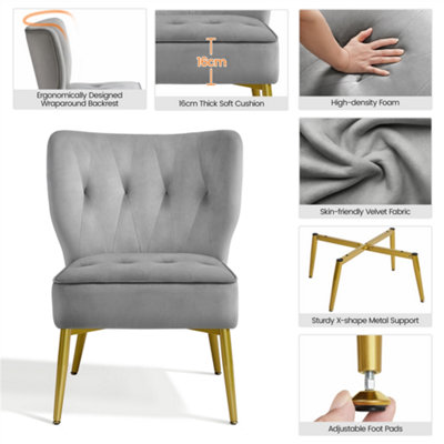 Yaheetech Grey Velvet Tufted Accent Velvet Chair with Golden Legs