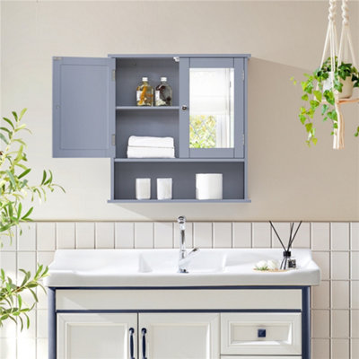 Yaheetech Grey Wall Mount Cabinet with Double Mirror Doors & Adjustable Shelf