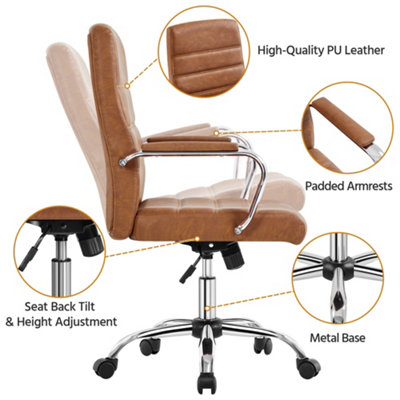 Yaheetech Height Adjustable PU Leather Office Chair with Armrests - Retro Brown