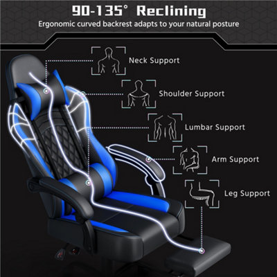 Comhoma – Chaise gaming ergonomique noire – Hauteur d'assise réglable – Dossier inclinable 90° à 135° – Repose-pieds télescopique – Roulettes silencieuses