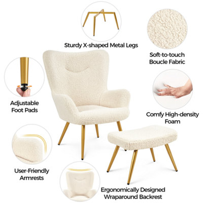 Yaheetech Ivory Boucle Accent Chair and Ottoman Set with Golden Metal Legs, Fabric Armchair with Footstool