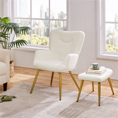 Yaheetech Ivory Boucle Accent Chair and Ottoman Set with Golden Metal Legs