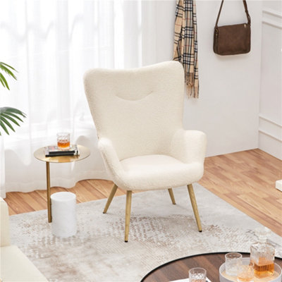 Yaheetech Ivory Boucle Accent Chair with Wood-tone Metal Legs