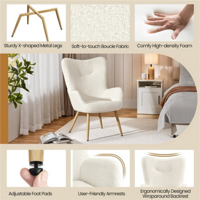 Yaheetech Ivory Boucle Accent Chair with Wood-tone Metal Legs